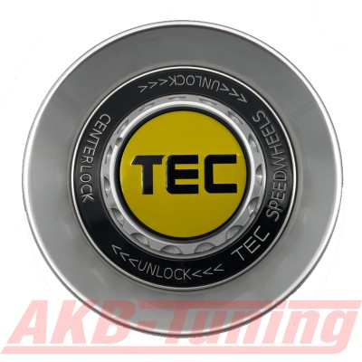 TEC ALU-Zentralverschluss-Deckel in Hyper-Silber / Kranz schwarz / Logo gelb-schwarz für Alufelge GT8