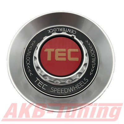 TEC ALU-Zentralverschluss-Deckel in Hyper-Silber / Kranz schwarz / Logo rot-gold für Alufelge GT8
