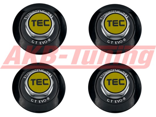 TEC ALU-Sechskant-Deckel-Set in Schwarz-Glanz / Logo gelb-schwarz für Alufelge GT EVO-R