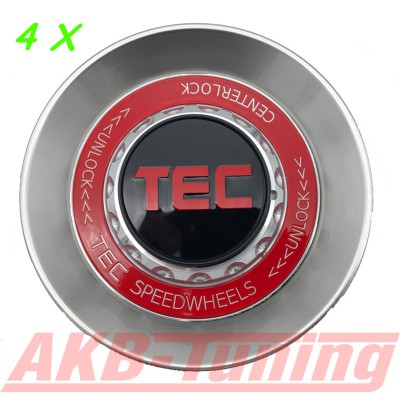 TEC ALU-Zentralverschluss-Deckel-Set in Hyper-Silber / Kranz rot / Logo schwarz-rot für Alufelge GT8