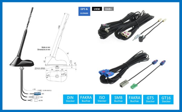 Dietz Transporter Antennenset A2, UKW/DAB/GPS, 10m Kabel, DIN/ISO/FAKRA/SMB Anschlüsse