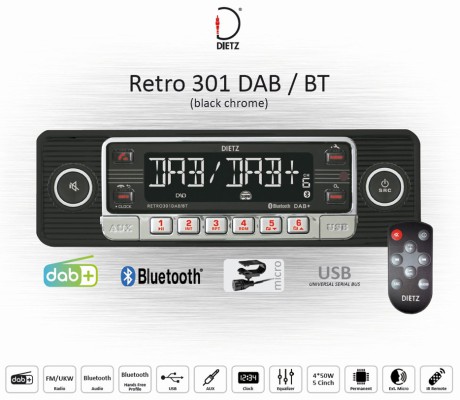 Dietz 1-DIN Retro Radio DAB+, BT, MP3, USB, RDS, schwarz-chrom