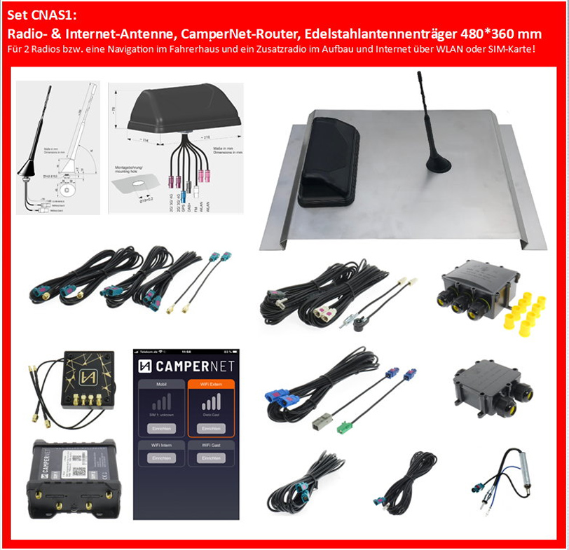 Dietz Wohnmobil Antennenset AS1, UKW/DAB/GPS/LTE, Routerantenne,  CamperNet-Router 10m Kabel, Edelstahlträger, FAKRA/SMB/DIN/ISO für 2  Radios-DIE-CNAS1T6L1000UNI