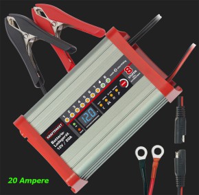 Dino Vollautomatisches 8-Schritt Batterieladegerät mit 20A Ladestrom für 12V Batterien inkl. Campingfunktion